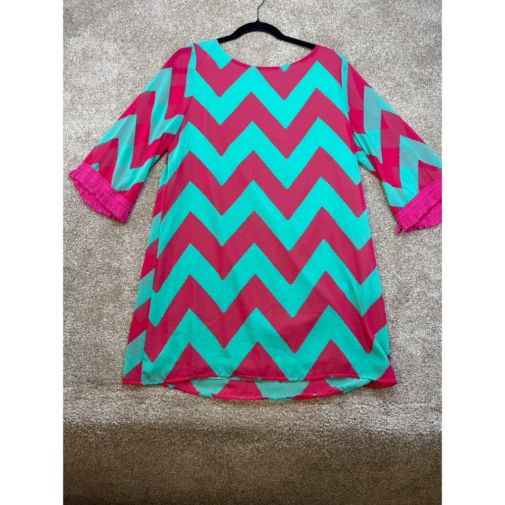 Auditions Womens Teal Magenta Chevron Fringe Shift Dress Retro‎ Mod Geometric L